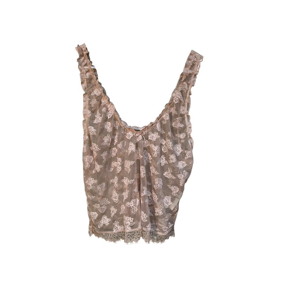 Aerie Women's Size XL Tank Top Sheer Rosettes Floral Lace Beige Scoop Neck Bow